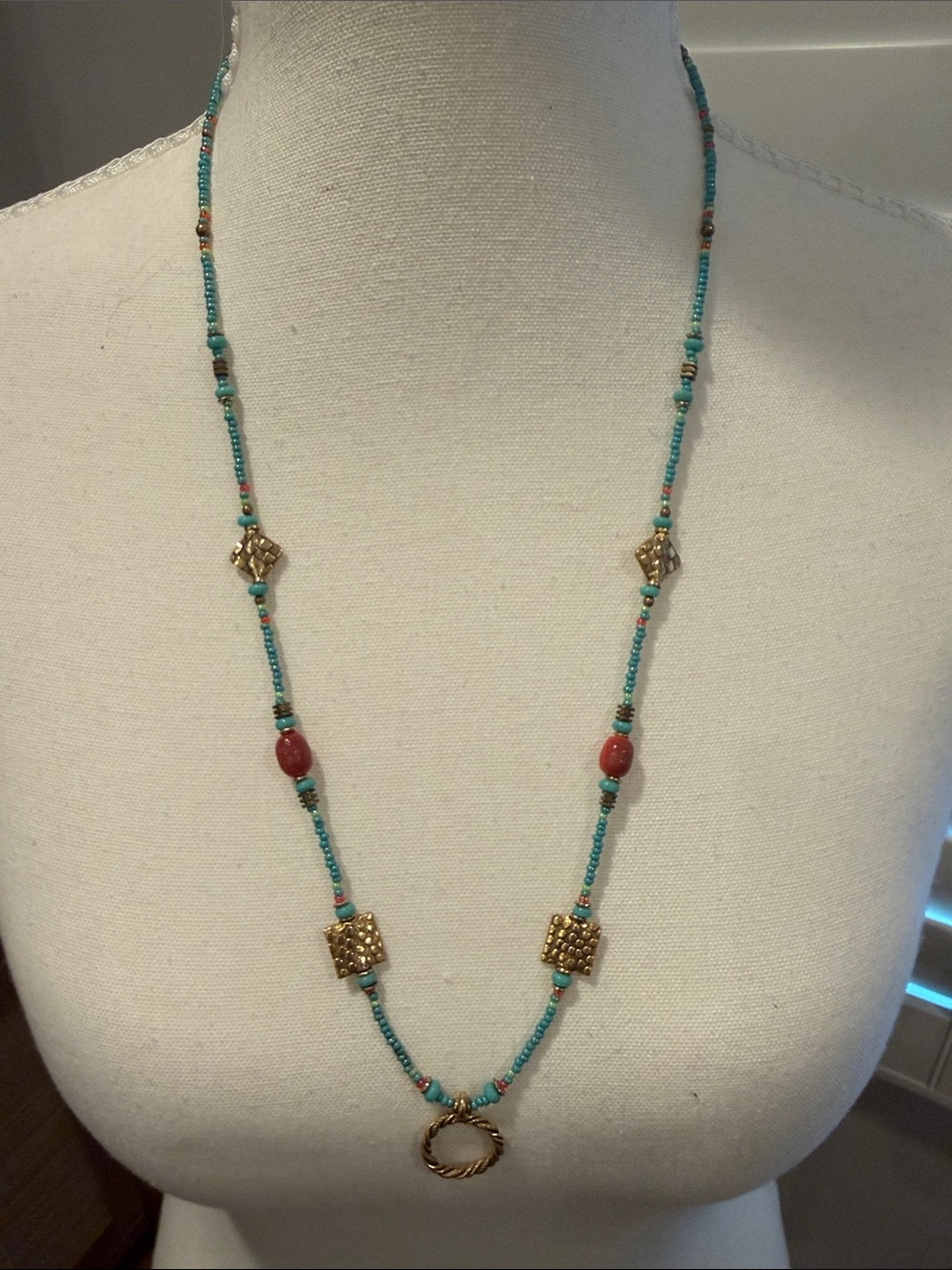 BOGO 🟢 Handmade Turquoise & red Beaded Necklace with Gold Accents